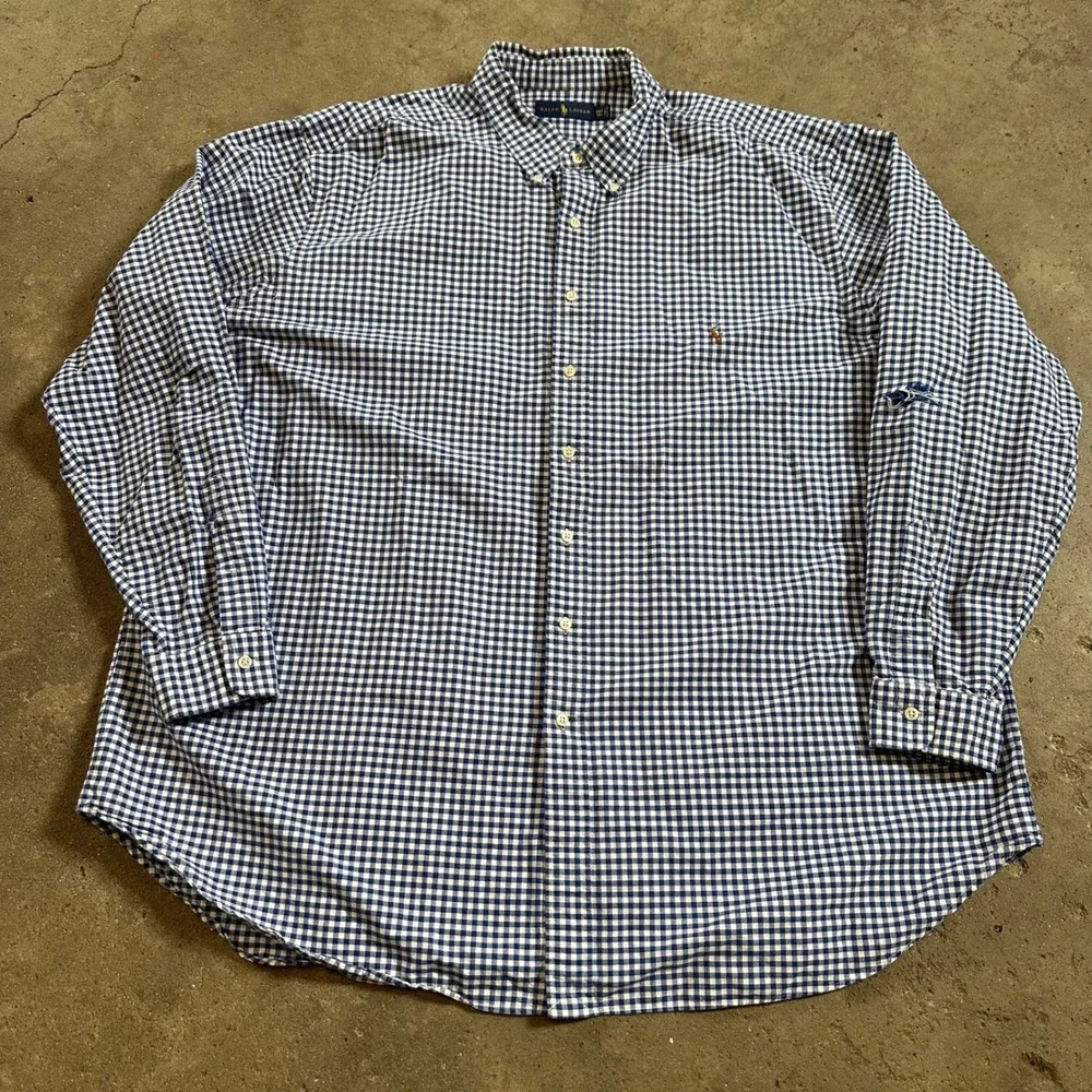 Ralph Lauren Button Down Men 3XLT Blue Gingham Check Plaid LS‎ Shirt Flesh Pony